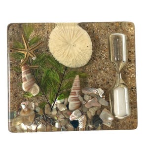 May include: A rectangular resin block containing a beach scene with tan sand, a white circular coral, a brown starfish, two spiral seashells, green seaweed, scattered small white and grey pebbles, and a clear glass hourglass filled with white sand.