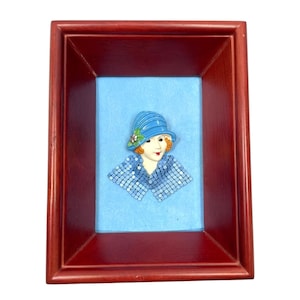 Vintage Brooch Art Deco Pin Lady In Blue Hat Framed Portrait Flapper