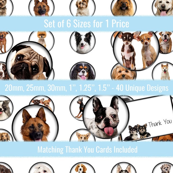 Dog Images 1 inch 20mm 25mm 30mm 1.25" 1.5" Circles Round Digital Collage Sheets Buttons Bottle Caps Pendants Magnets Keychain