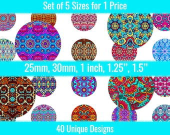 Padrões Boho 1 polegada 25 mm 30 mm 1,25 "1,5 polegadas Imagens redondas Folha imprimível de colagem digital para botão de pino Tampas de garrafa Pingentes Chaveiros