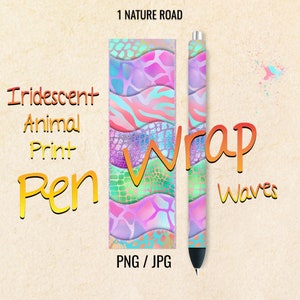 Puede incluir: Diseño de envoltura de bolígrafo con estampado de animales iridiscente en una combinación de colores rosa, azul y verde. El diseño presenta una variedad de estampados de animales, incluyendo cebra, leopardo y serpiente. El texto "Wrap Waves" está escrito en una fuente grande y en negrita. El texto "PNG/JPG" está escrito en una fuente más pequeña debajo del diseño.