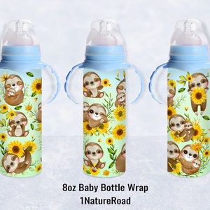 8oz Baby Bottle Design, Sunflower Sloth Baby Bottle Wrap, Boys Girls Milk Bottle, Seamless Digital Download for Sublimation, in PNG