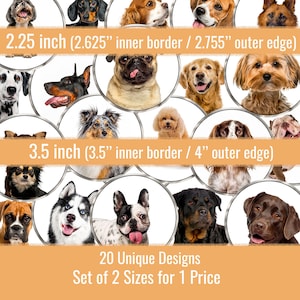Dogs 2.25 inch 3.5 inch Dog Circle Images Digital Collage Sheet, 2.625&quot; 4 inch for Pinback Buttons, Pocket Mirrors, Gift Tags, Coasters