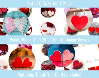 Romantic Heart Images 1 inch 25mm 30mm 1.25" 1.5" Circle Images Collage Sheet For Buttons Bottlecaps Cabochons Pendants
