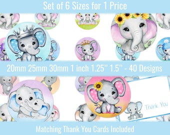 Watercolor Elephants 1 inch 20mm 25mm 30mm 1.25" 1.5 inch Round Images Digital Collage Sheet For Pins Buttons Bottlecaps Pendants Keychains