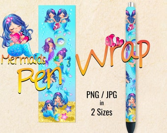 Mermaids Pen Wraps, Kids Pen Wraps, Printable Digital Download Seamless Designs For Waterslide, Vinyl, Epoxy, 2 Sizes in PNG & JPG