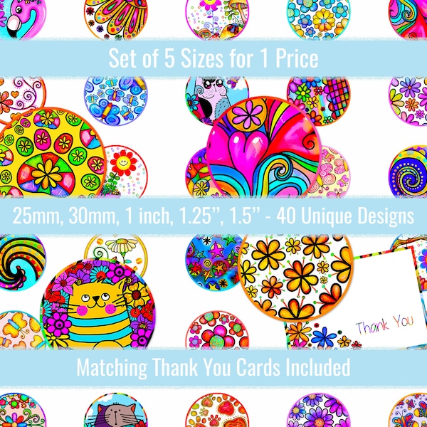 Whimsical Abstract 1 inch 25mm 30mm 1.25" 1.5 inch Printable Images, Digital Download Collage, Button Bottlecap Charms Pendants Key Chains