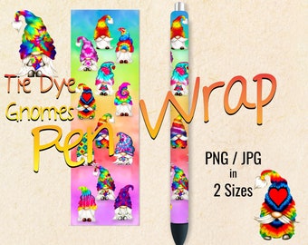 May include: Tie dye gnome pen wrap design in two sizes. The design features a repeating pattern of gnomes with tie dye patterns and colorful backgrounds. The text "Tie Dye Gnomes Pen Wrap" is written in a colorful font.