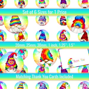 Tie Dye Gnomes 1 inch 20mm 25mm 30mm 1.25" 1.5" Round Images Digital Printables For Pin Button Charms Bottlecaps Pendants Keychains
