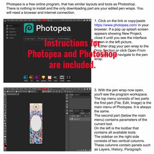 May include: Instructions for editing photo pen wraps using Photopea and Photoshop. The image shows a screenshot of the Photopea interface with a pen wrap open. The interface includes a toolbar, a sidebar, and a main menu.