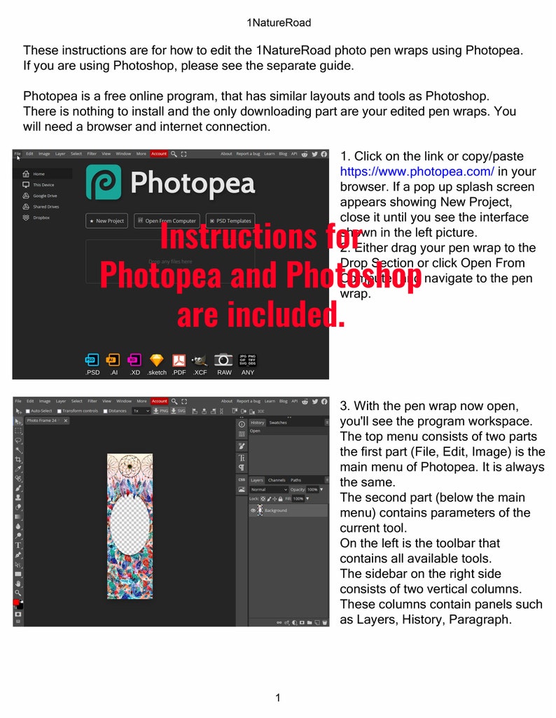 May include: Instructions for editing photo pen wraps using Photopea and Photoshop. The image shows a screenshot of the Photopea interface with a pen wrap open. The interface includes a toolbar, a sidebar, and a main menu.