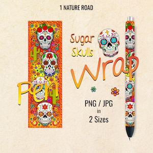 May include: A pen wrap design featuring colourful sugar skulls with floral and cross accents. The design includes a rectangular pattern with three skulls and a pen with a matching design. The words "Sugar Skulls Wrap" are also visible.