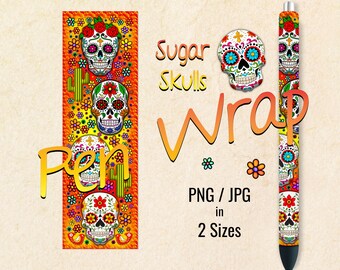 May include: A pen wrap design featuring colorful sugar skulls with floral and cross accents. The design includes a rectangular pattern with three skulls and a pen with a matching design. The words "Sugar Skulls Wrap" are also visible.
