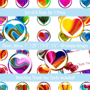 Puede incluir: Conjunto de 40 diseños de corazones únicos en 6 tamaños: 25 mm, 30 mm, 1 pulgada, 1,25 pulgadas, 1,313 pulgadas y 1,5 pulgadas. Cada corazón presenta un patrón colorido y arremolinado con acentos de purpurina dorada. Se incluyen tarjetas de agradecimiento a juego.