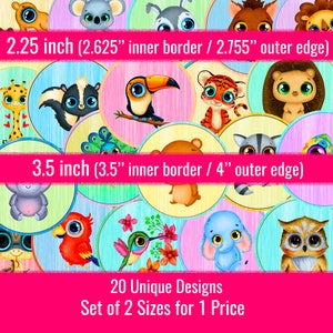 子供用かわいい動物 2.25 インチ 3.5 インチ、円形画像デジタルコラージュ、2.625 インチ 4 インチ、ピンバックボタン、ポケットミラー、ギフトタグ、コースター