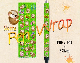 Sloth Pen Wraps, Spring Flower Seamless Ink Joy Printable Digital Download Designs For Waterslide, Vinyl, Epoxy, 2 Sizes in PNG & JPG