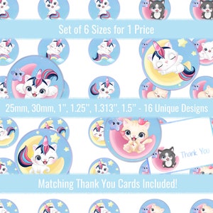 Unicorn Cats 1 inch 25mm 30mm 1.25&quot; 1.313&quot; 1.5&quot; Circle Images Digital Collage Sheet For Buttons Bottlecaps Cabochons Pendants