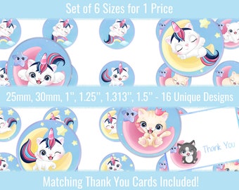 Unicorn Cats 1 inch 25mm 30mm 1,25" 1,313" 1,5" Circle Images Digitale Collage Sheet voor knoppen Bottlecaps Cabochons Hangers