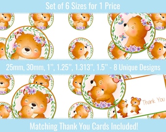 Cute Bear 1 inch 25mm 30mm 1.25" 1.313" 1.5" Circle Images Digital Collage Sheet For Buttons Bottlecaps Cabochons Pendants Magnets