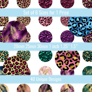 Puede incluir: Conjunto de 40 diseños únicos de estampado de leopardo y hojas tropicales en varios colores. Los diseños están disponibles en seis tamaños: 20 mm, 25 mm, 30 mm, 1 pulgada, 1,25 pulgadas y 1,5 pulgadas.