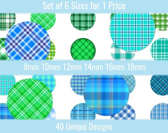 Blue Green Plaid 8mm 10mm 12mm 14mm 16mm 18mm Cabochon Images Earrings Charms Jewelry Printable Digital Collage Sheet Designs