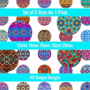 Boho Patterns Cabochon Images 12mm 14mm 16mm 18mm 20mm Circle Digital Collage Sheet For Round Pendants Earrings Charms Jewelry