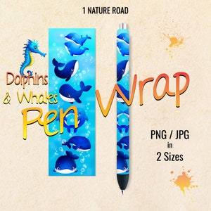 May include: A digital download of a pen wrap design featuring a blue and white pattern of dolphins and whales swimming in the ocean. The design is available in two sizes and can be printed on PNG or JPG files.