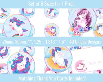 Unicorns 1 inch 25mm 30mm 1.25" 1.313" 1.5" Round Images Collage Sheet Buttons Badges Bottle Caps Bottlecaps Cabochons Pendants