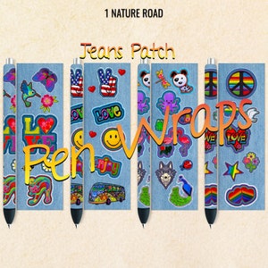May include: Jeans Patch Pen Wraps, a set of six colorful pen wraps featuring various designs, including peace signs, hearts, flowers, and animals. The wraps are made to look like denim fabric with colorful patches.