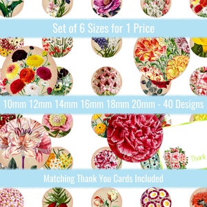 Vintage Flowers 10mm 12mm 14mm 16mm 18mm 20mm Circles, Floral Images Digital Printable Sheet For Cabochons Pendants Earrings Charms Jewelry