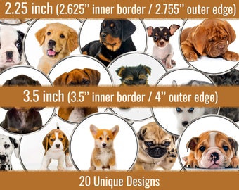 Puppies 2.25 inch 3.5 inch Dog Circle Images Digital Collage Sheet, 2.625" 4 inch for Pinback Buttons, Pocket Mirrors, Gift Tags, Coasters