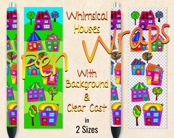 Whimsical Houses Pen Wrap, InkJoy Wraps, druckbare digitale Download Nahtlose klare Guss Decals, Wasserfolie, Vinyl, Epoxy, 2 Größen, PNG JPG