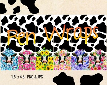 牛ペンラップバンドル、牛プリントと花のInkJoyラップ、ウォータースライド、ビニール、エポキシ用の印刷可能なデジタルダウンロードデザイン、PNG JPG