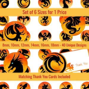 Dragon Silhouettes 8mm 10mm 12mm 14mm 16mm 18mm Circle Images Digital Collage Sheet For Round Cabochons Pendants Earrings Charms Jewelry