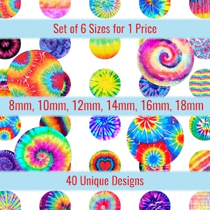 Tie Dye Hippy 8mm 10mm 12mm 14mm 16mm 18mm Circle Images Digital Collage Sheet For Cabochons Pendants Earrings Charms Jewelry