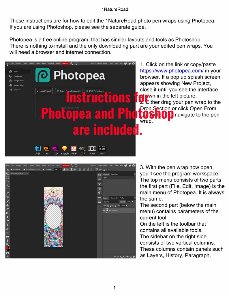 May include: Instructions for editing 1NatureRoad photo pen wraps using Photopea. The image shows the Photopea interface with instructions and a pen wrap design. The text says "Instructions for Photopea and Photoshop are included."