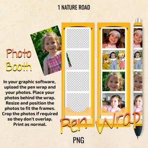 May include: A yellow pen wrap design with a photo booth theme. The design includes space for photos, the words "Photo Booth", "Pen Wrap", and instructions for use. The image also includes photos of a young girl.