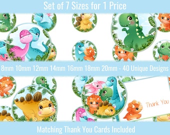 May include: Set of 40 unique dinosaur designs in 7 different sizes, ranging from 8mm to 20mm.  Matching thank you cards are included.