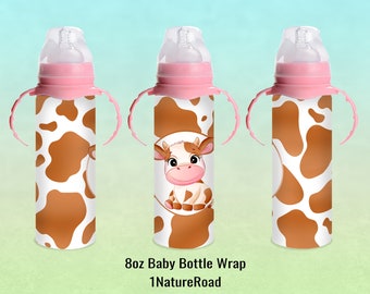 May include: Three 8oz baby bottles with pink handles and a cow print design. The bottles have a white background with brown cow spots and a cartoon cow on the front. The text "8oz Baby Bottle Wrap 1NatureRoad" is at the bottom of the image.