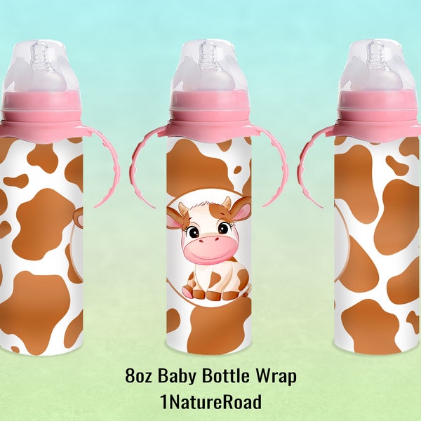 8oz Baby Bottle Design, Cow Baby Bottle Wrap, Milk Bottle, Seamless Printable Digital Download for Sublimation, in PNG