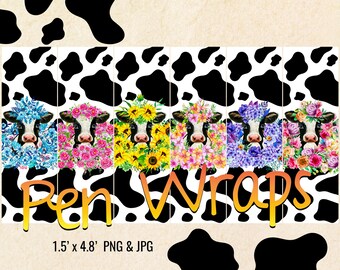牛柄ペンラップバンドル、子牛の花のInkJoyラップ、ウォータースライド用の印刷可能なデジタルダウンロードデザイン、ビニール、エポキシ、PNG JPG