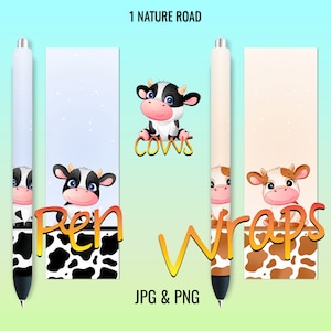 May include: Three digital pen wrap designs featuring cartoon cows. The first design is a black and white cow with the text "Pen Wraps" in orange and yellow. The second design is a brown and white cow with the text "Wraps" in orange and yellow. The third design is a black and white cow with the text "Cows" in orange and yellow.