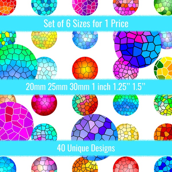 Mosaic Glass 1 inch 20mm 25mm 30mm 1.25" 1.5 inch Circles Digital Printable Sheet For Pin Buttons, Bottle Cap Images, Pendants Keychains