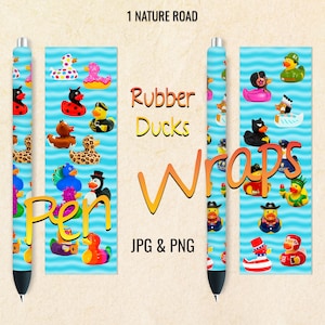 May include: A set of two pen wraps featuring a colorful pattern of rubber ducks on a blue background. The text "Rubber Ducks Wraps" is written in orange and yellow letters. The text "JPG & PNG" is written in black letters. The text "1 Nature Road" is written in black letters.