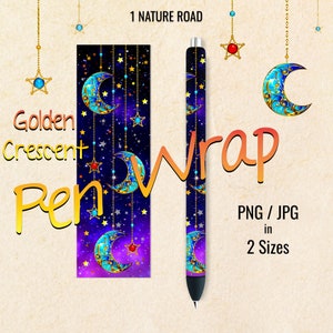 May include: Pen wrap design featuring a repeating pattern of golden crescent moons, stars, and chains on a dark blue background with purple and pink nebulae. The design is available in PNG and JPG formats in two sizes.