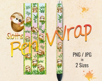 Bamboo Sloths Pen Wraps, InkJoy, Seamless Printable Digital Download Designs For Waterslide, Vinyl, Epoxy, 2 Sizes in PNG & JPG