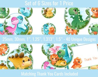 May include: Set of 40 unique dinosaur designs in 6 sizes: 25mm, 30mm, 1 inch, 1.25 inches, 1.313 inches, and 1.5 inches. Matching thank you cards are included.