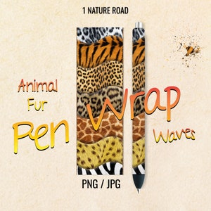 Puede incluir: Un diseño de envoltura de bolígrafo con una variedad de patrones de estampado animal, incluyendo cebra, jirafa, leopardo y tigre. El diseño se llama "Animal Fur Pen Wrap Waves" y está disponible en formatos PNG y JPG.