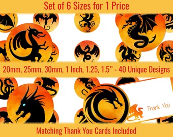 Bottle Cap Images Dragon Silhouettes 1 inch 20mm 25mm 30mm 1.25" 1.5" Circles Images Digital Collage Sheet Pin Button Pendants Bottlecaps