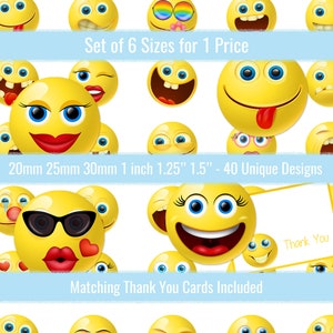 May include: Set of 40 unique yellow smiley face designs in six sizes: 20mm, 25mm, 30mm, 1 inch, 1.25 inches, and 1.5 inches. Matching thank you cards are included.